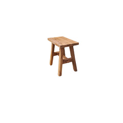 Small low stool made of reclaimed natural teak, showing side view