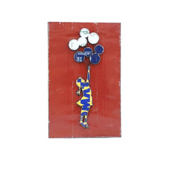 Banksy inspired art girl with balloon recycled metal red background with white and blue balloons, girl in yellow and blue