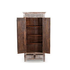 Tall cabinet made from reclaimed doors & panels with a white wash patina showing the doors open, inside being natural wood with 3 inner shelves & 2 drawers at the bottom.