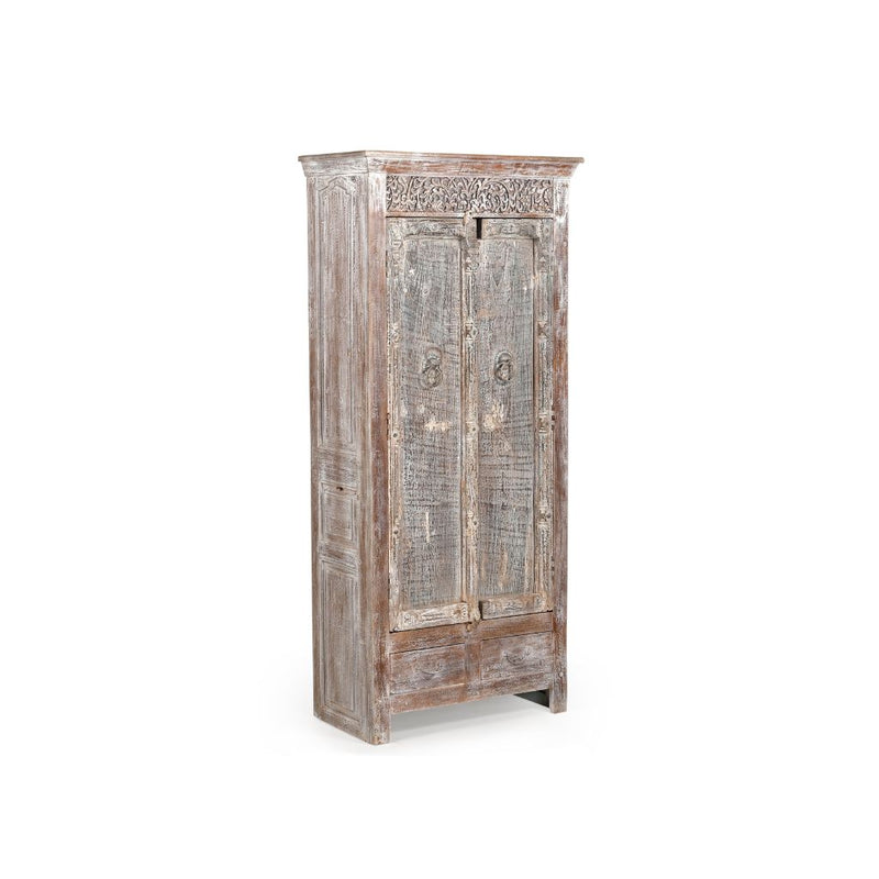 Tall cabinet made from reclaimed doors & panels with a white wash patina