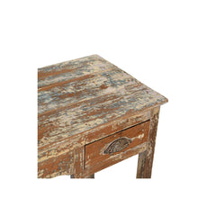 Detail of the drawer of the Vintage wooden side table with a worn finish on a white background