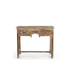 Vintage wooden 2 drawers console table with a distressed finish on a white background