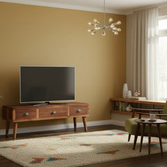 reclaimed wood low console with three drawers in a mid century style living room