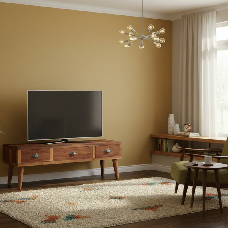 reclaimed wood low console with three drawers in a mid century style living room