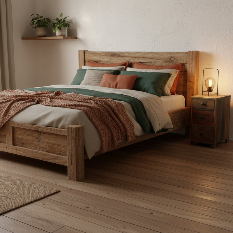 A rustic three-drawer wooden nightstand or end table made from reclaimed wood, featuring a weathered brown and beige finish with dark metal drawer pulls, shown in a rustic bedroom