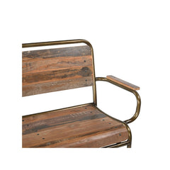 Bistro bench with a backrest & 2 armrests made of natural reclaimed wood & a metal structure, detail view of the armrest