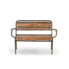 Bistro bench with a backrest & 2 armrests made of natural reclaimed wood & a metal structure, front view.