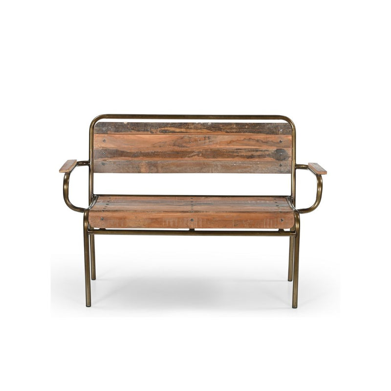 Bistro bench with a backrest & 2 armrests made of natural reclaimed wood & a metal structure, front view.