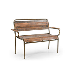 Bistro bench with a backrest & 2 armrests made of natural reclaimed wood & a metal structure, side view.