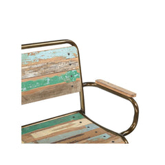 Bench made of coloured reclaimed wood & metal frame. It has a back & arm rests, showing detail of the coloured wood (blue & Green) and antique finish metal frame.