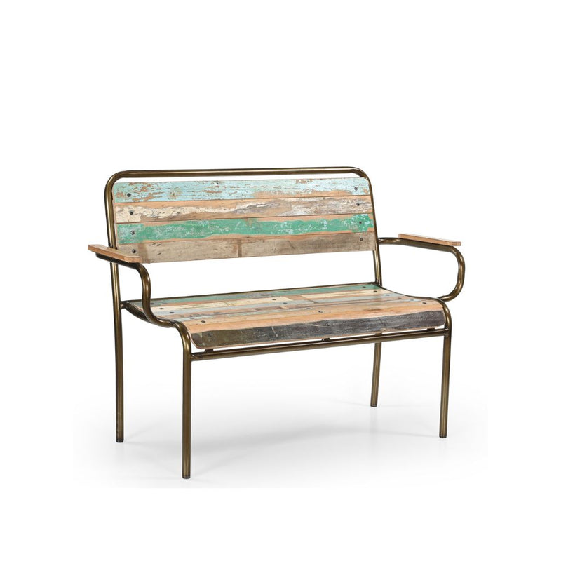 Bench made of coloured reclaimed wood & metal frame. It has a back & arm rests, sideview.