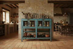 Vintage-style blue console table with four square doors in a rustic kitchen 