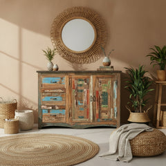 Reclaimed colourful wood dresser with 2 doors and 3 drawers in a boho room