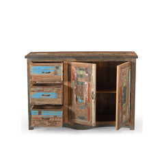Reclaimed wood sideboard with open doors on a white background