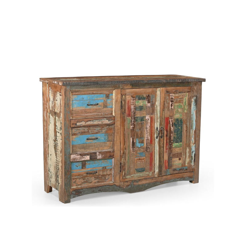 Reclaimed wood sideboard with multicolored patterns on a white background