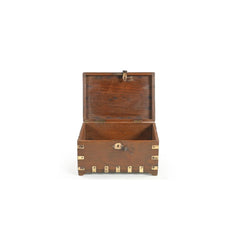 Vintage teak wood small box with brass casings, brass lock and brass handle showing top open