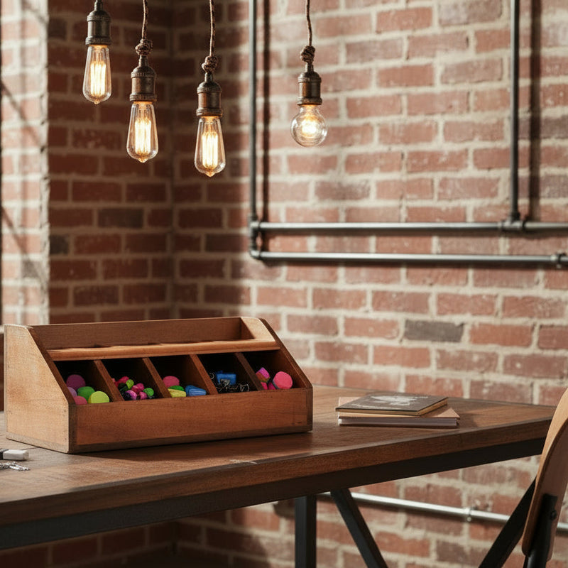 Wooden tray with compartments in an industrial style home office on a desk