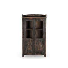 Wood Cabinet 2 doors half glass panel & half wood panels with lip around the top, black distressed patina front view