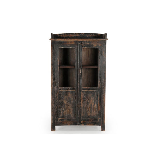 Wood Cabinet 2 doors half glass panel & half wood panels with lip around the top, black distressed patina front view