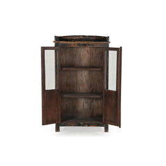 Wood Cabinet 2 doors half glass panel & half wood panels with lip around the top, black distressed patina open doors showing 2 inner shelves.