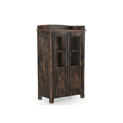 Wood Cabinet 2 doors half glass panel & half wood panels with lip around the top, black distressed patina sidet view