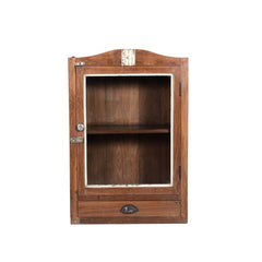Large vintage natural teak wood wall glass cabinet with a white trim around the glass and on top of the frame. It has one inner shelf and one drawer at the bottom. There's a lockable brass latch & a metal knob on the glass door and a metal pull handle. Showing the front view.