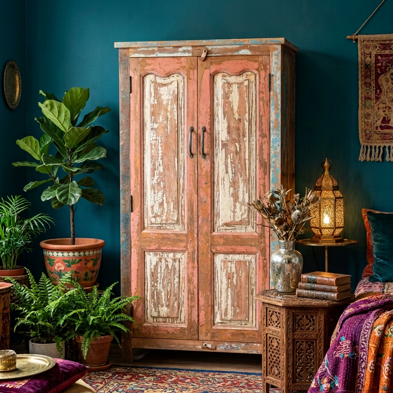 Wood cabinet with 2 old doors in coral & blue in a living room against a deep blue wall