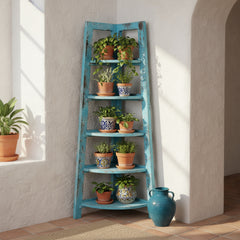 Blue distressed corner shelf on a white background