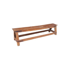 Vintage natural teak wood bench with 4 metal corners front view