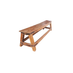 Vintage natural teak wood bench with 4 metal corners side view showing the A shape legs 