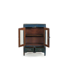 Deep blue glass cabinet with 2 doors nd 2 drawers at the bottom openview showing the inner shelf & drawers open