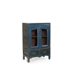 Deep blue glass cabinet with 2 doors nd 2 drawers at the bottom sideview