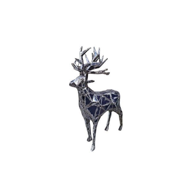 Metallic deer sculpture on a white background