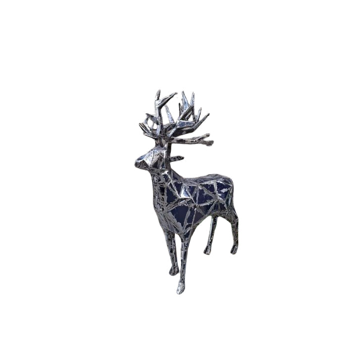 Metallic deer sculpture on a white background