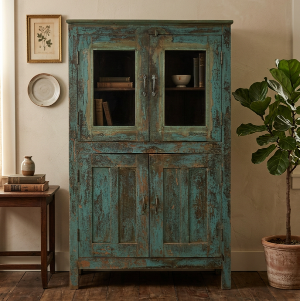 A rustic distressed cabinet with a weathered turquoise and green paint finish, featuring two upper glass-front doors and two lower paneled doors, shown in a living room
