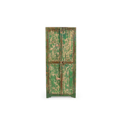 Vintage wood cabinet with 2 double doors that had been painted in distressed green,front view.