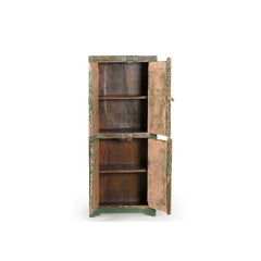 Vintage wood cabinet with 2 double doors that had been painted in distressed green,open view showing 4 storage spaces. 