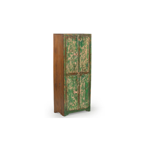 Vintage wood cabinet with 2 double doors that had been painted in distressed green,side view showing the the natural wood.