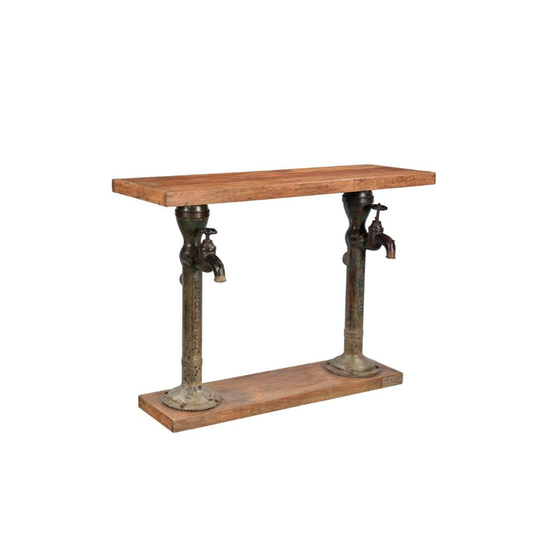 High console made of reclaimed wood & 2 upcycled cast iron water pumps as legs sitting on a reclaimed wood base.
