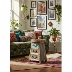 Wooden stool with three drawers in a living room