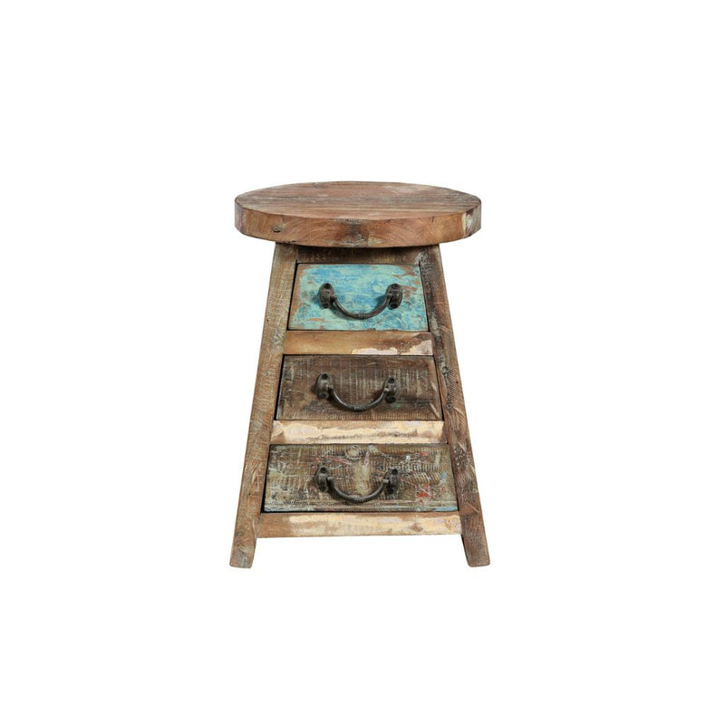 Wooden stool with three drawers on a white background
