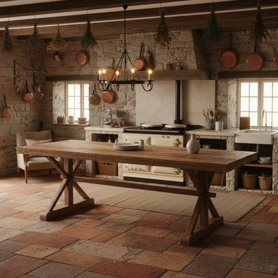 Reclaimed wood dining table with a rustic design on a white background
