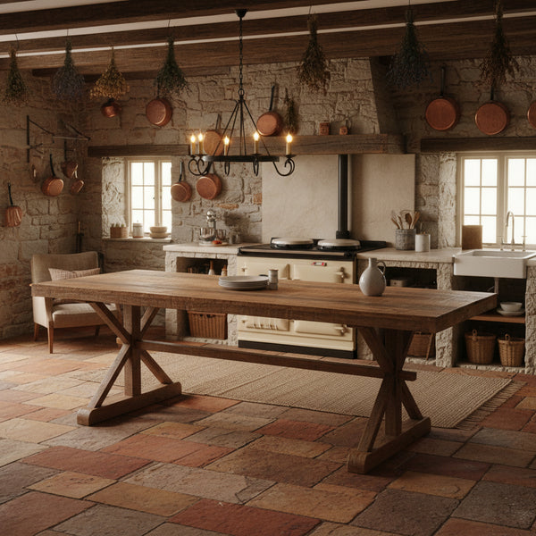 Reclaimed wood dining table with a rustic design on a white background