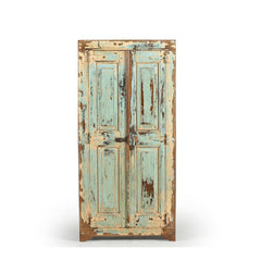 vintage medium size 2 doors wood cabinet which the front had been painted twice in cream and light blue, showing the front with metal latch & cast iron handle.