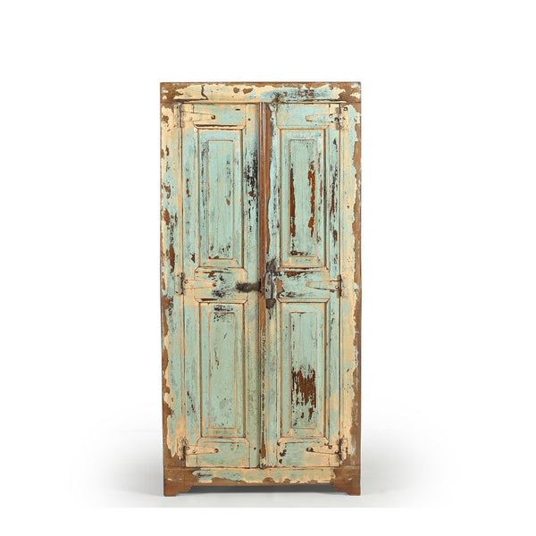 vintage medium size 2 doors wood cabinet which the front had been painted twice in cream and light blue, showing the front with metal latch & cast iron handle.