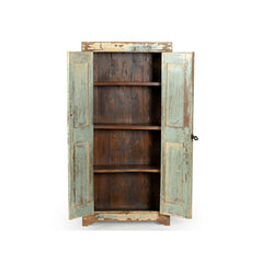 vintage medium size 2 doors wood cabinet which the front had been painted twice in cream and light blue, showing the doors open revealing 4 removable shelves