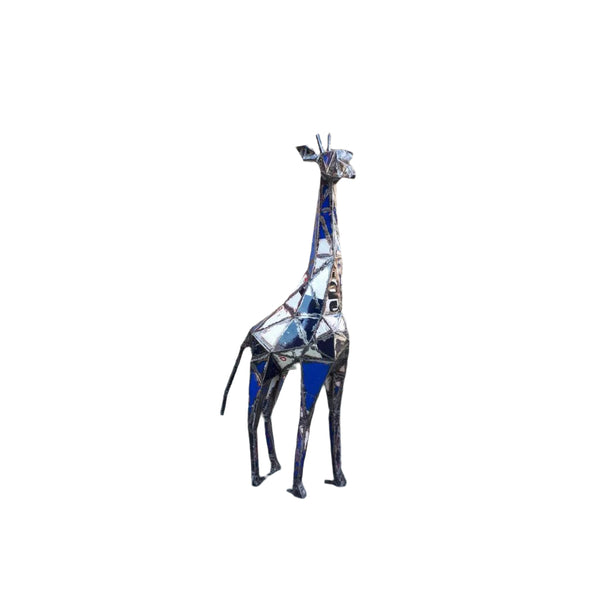 over a meter high giraffe made of pieces of recycled oil barrel welded together in tones of blue, black & white.