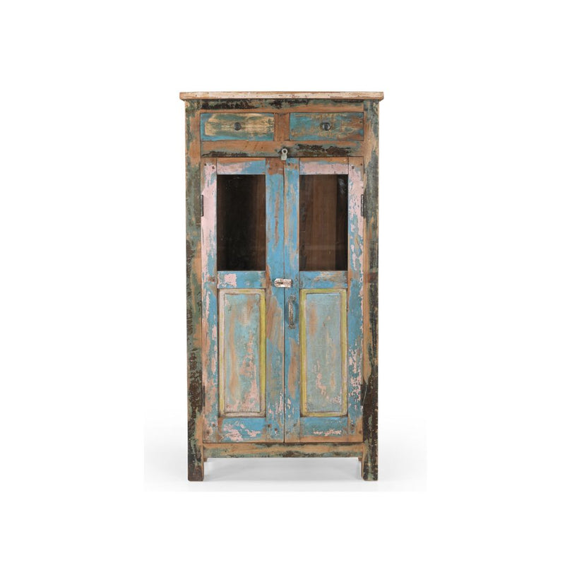 Glass cabinet made of reclaimed wood in a blue/pink patina with 2 top drawers, showing the front.