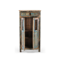 Glass cabinet made of reclaimed wood in a blue/pink patina with 2 top drawers, showing the door open revealig 2 inner shelves.