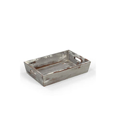 Wooden tray with handles on a white background in a grey distressed paint